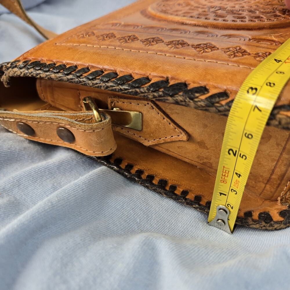 Vintage Curiosidades Mexicanas de Monterrey Hand Tooled Leather Bag Aztec Sun - Picture 6 of 13